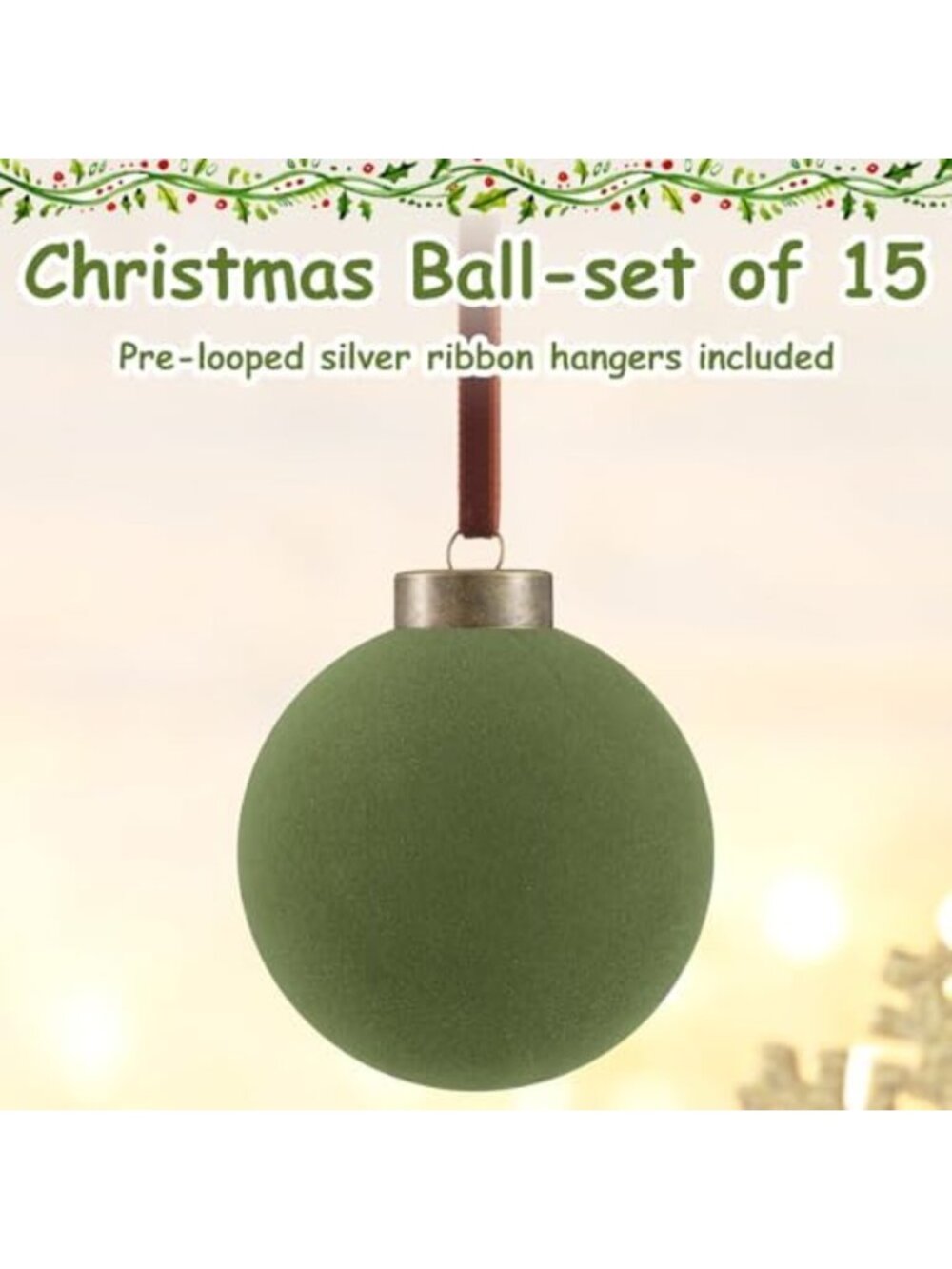 15 Pcs Green Velvet Christmas Ornaments - 3.15 Inch Holiday Decor Balls - Picture 3 of 6